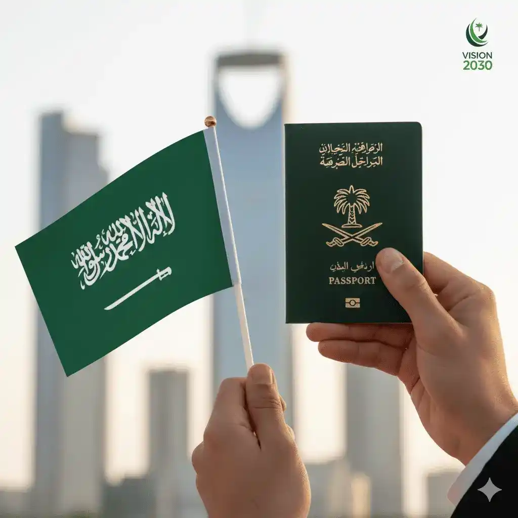 يد تحمل جواز سفر سعودي و علم المملكة، رمز للهوية والجنسية السعودية ورؤية 2030.
